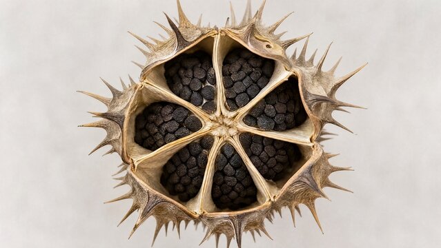 A dried datura seed pod split open, revealing a radial pattern of dark seeds inside.