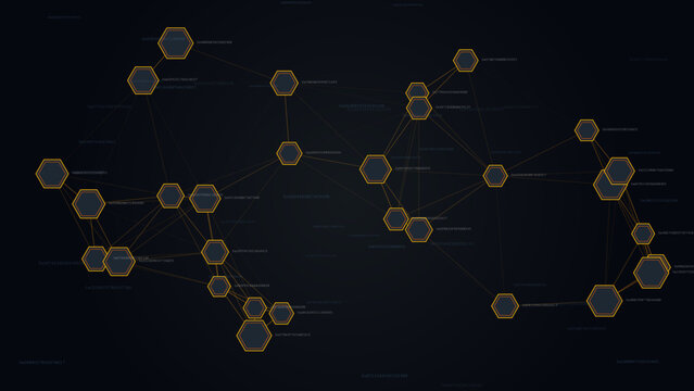Blockchain cryptographic ledger network on dark background