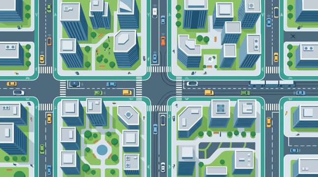 Flat vector smart city background, top-down aerial city intersection, modern skyscrapers surrounding a busy crossroads, simplified vehicles and roads, clean geometric urban design, smart transportatio