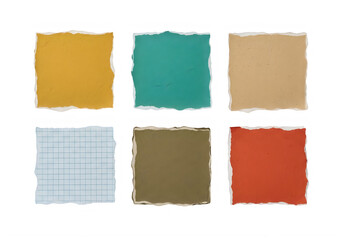 Fototapeta premium Torn paper squares in different colors and textures for design and decoration purposes transparent background