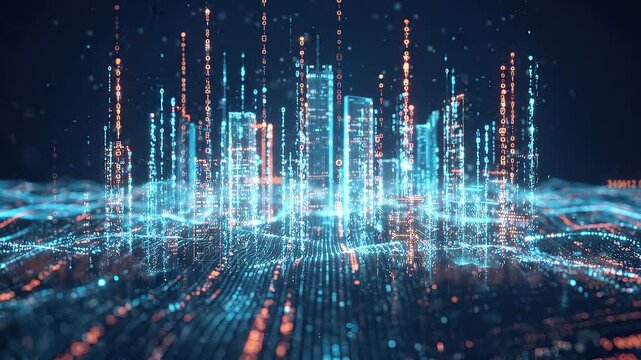 Cybernetic city skyline with glowing data streams and binary code. Tilt up camera movement.