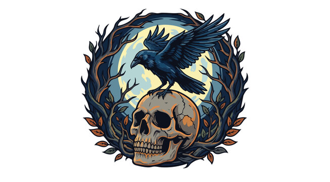 Raven perched on skull with moon and branches in background