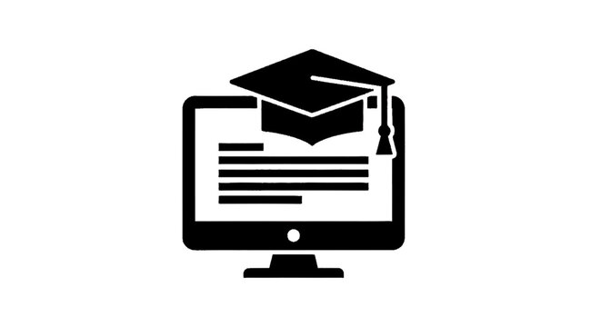 Minimal black silhouette icon, simple flat vector, bold black shape, no, no shading online education concept with computer monitor and graduation cap icon on a, flat icon style