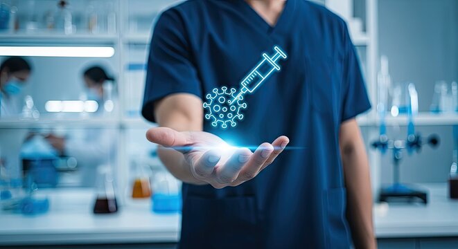 Scientist presents holographic vaccine and virus icon in laboratory setting during medical research and development