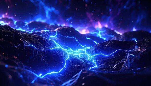Vibrant electric blue lightning pathways pulsing across dark, textured terrain