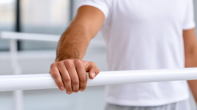 A hand grips a rehabilitation parallel bar firmly, showing focus on physical therapy. The setting is a training area with soft light