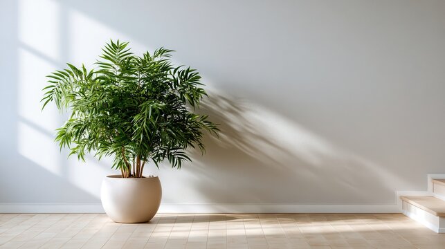 A spacious modern apartment with a focus on accessibility features and a large plant next to the staircase