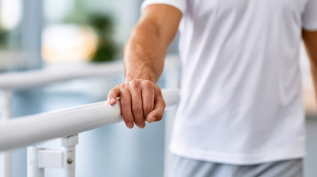 Close-up of a hand holding a parallel bar in a therapy setting, showing strength and effort as the person works on their recovery