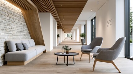 The corridor of a rehabilitation clinic showcases minimal design with plants and artwork, creating a bright and inviting space