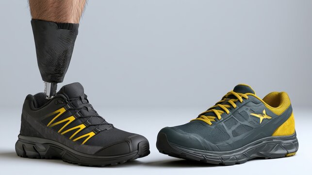 A prosthetic leg stands on one side with a running shoe on the other. This setup highlights resilience and determination