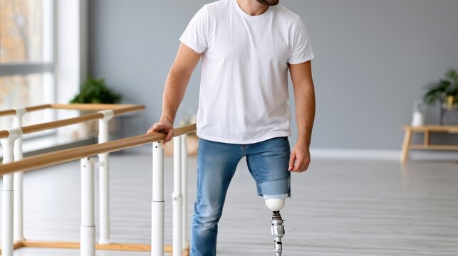 A man practices walking with a prosthetic limb at a rehab gym using parallel bars in a bright space designed for recovery and strength