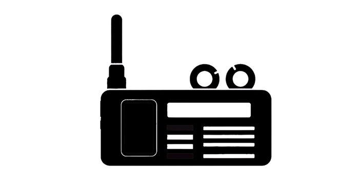 Minimal black silhouette icon, simple flat vector, bold black shape, no, no shading black silhouette icon of a portable radio with antenna on a, flat icon style