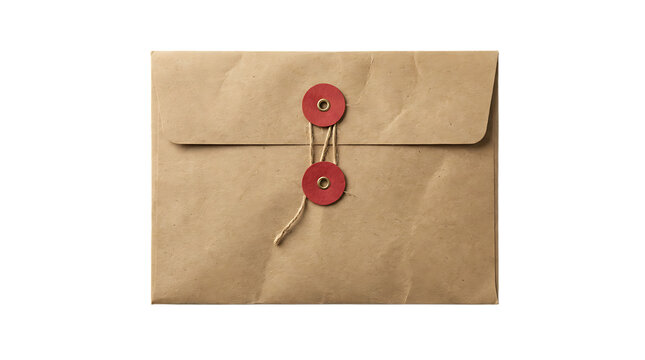 Kraft paper envelope with red string closure, top view, isolated on transparent background, suitable for mail, documents, stationery mockups and design.