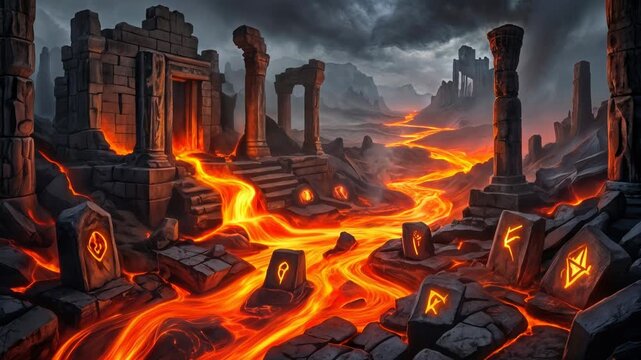 Molten lava flowing through ancient stone ruins with glowing runes. Dark volcanic landscape with fiery river and crumbling pillars. Tilt down camera movement.