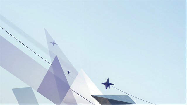 Geometric shapes float against a soft blue sky, stars gleam along connecting lines.