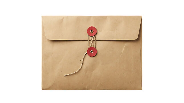 Brown kraft paper envelope with red string tie closure, presented flat on a transparent background, ideal for postal services, archiving and creative projects.
