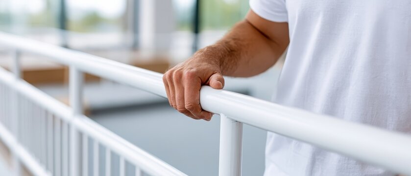A hand holds onto a rehabilitation parallel bar, showing tension and effort during a therapy session in a neutral setting