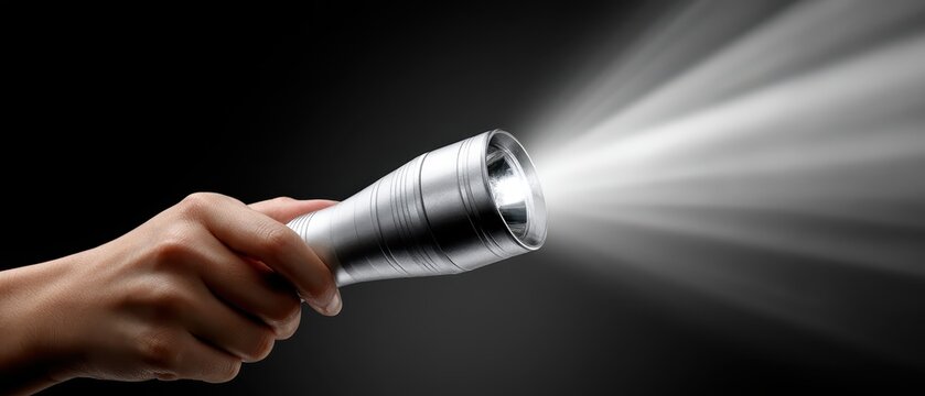 A flashlight is turned on in a dark room, lighting up a path with a strong beam that cuts through the blackness