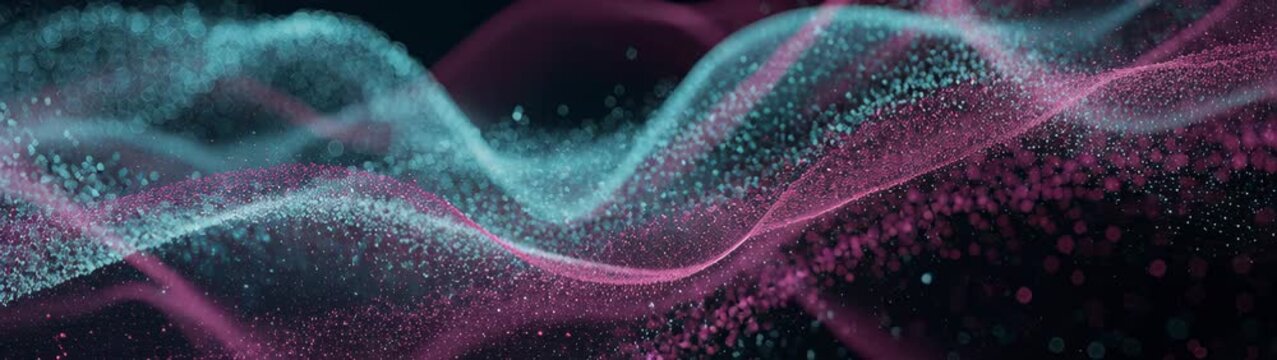 Digital particles forming flowing wave patterns presenting a futuristic data visualization concept for technology and science communication.