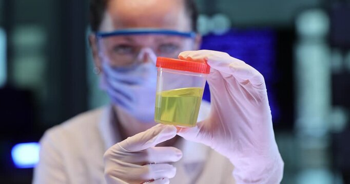 Woman scientist holds clear cup with yellow liquid in lab. Gloved hands turn sample container checking color before careful testing work slow motion