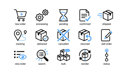 Fototapeta premium Ecommerce order icons illustrating order lifecycle on white background