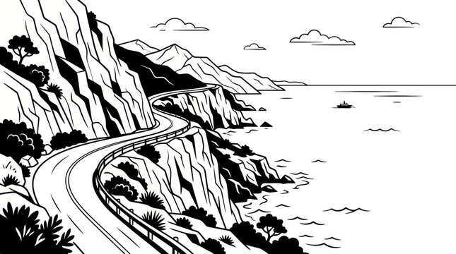 Scenic coastal highway winding along steep rocky cliffs