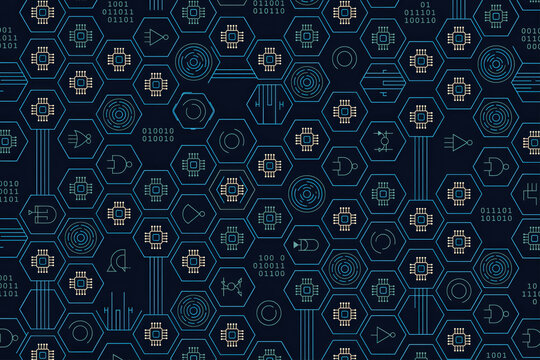 Seamless pattern background, featuring dark blue, hexagonal cells with, integrated electronic circuit, board components and, binary code digits