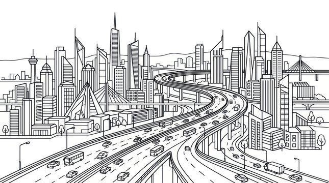 Modern city skyline with winding highway and architectural skyscrapers