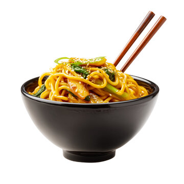 asian noodles in a black bowl isolated on transparent background