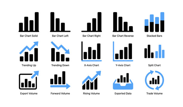 Chart icons showing bar and volume analytics on white background