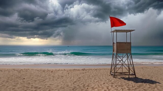 Lifeguard tower with red warning flag on empty beach during storm. Dark rain clouds over turquoise ocean. Lockdown wide shot.