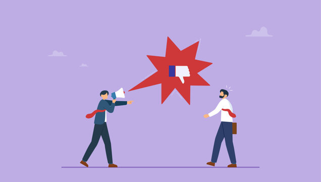 Businessman show dislike gesture giving negative feedback to entrepreneur or company. Dislike or bad customer review, business mistake or problem, negative feedback concept.