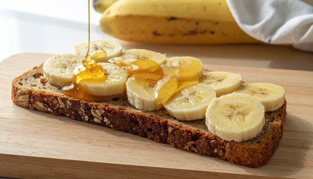 A slice of multigrain bread topped with bananas and dripping honey embodies nourishment, sweetness, and harmony; a simple composition radiating comfort, vitality, and natural delight.
