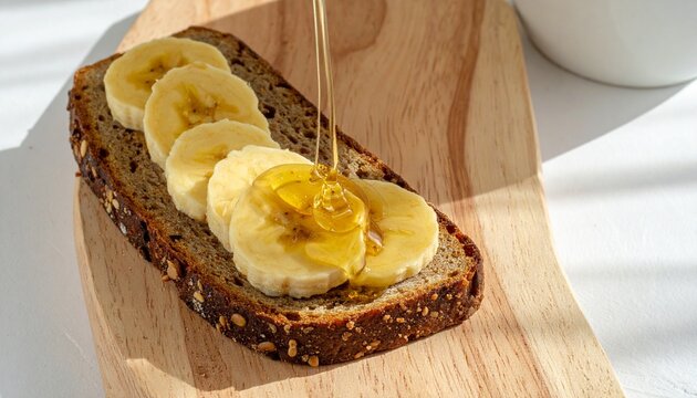 A slice of multigrain bread topped with bananas and dripping honey embodies nourishment, sweetness, and harmony; a simple composition radiating comfort, vitality, and natural delight.