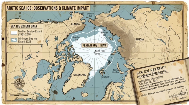 Arctic sea ice observations climate impact map showing permafrost thaw in northern regions