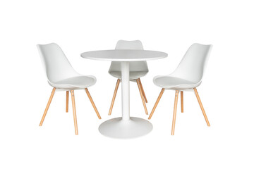 Fototapeta premium white round table and three chairs isolated on transparent background