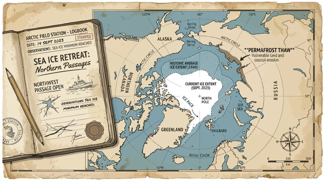Arctic field station logbook showing sea ice retreat with northern passages map illustration