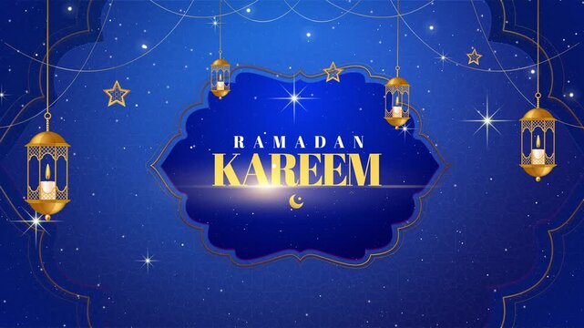 Ramadan Kareem background with golden lanterns and stars on a deep blue starry night sky