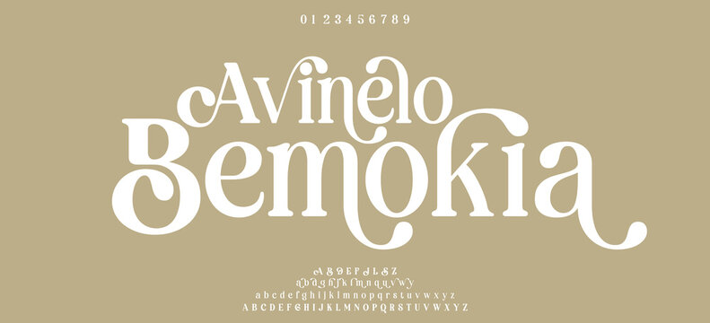 Avinelo Bemokia premium luxury elegant alphabet letters and numbers. Elegant wedding typography classic serif font decorative vintage retro. Creative vector illustration