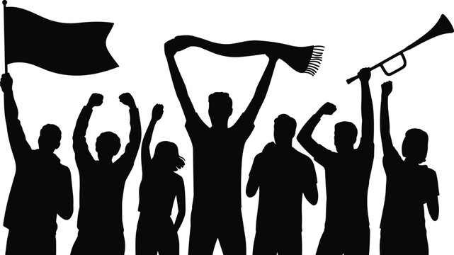 Cheering sports fans silhouette with flag, scarf and horn celebrating victory, enthusiastic supporter crowd, football championship and team spirit concept