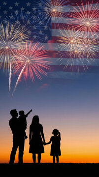 American flag fireworks family silhouette sunset sky celebration scene. 4th july united state america us independence. patriotic freedom liberty celebration, explosion background