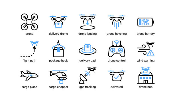 Drone delivery icons showing unmanned aircraft landing and logistics
