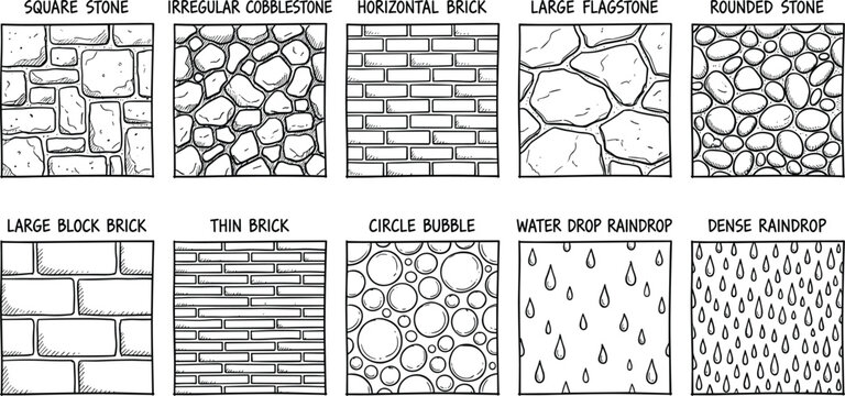 Collection of hand drawn seamless floor patterns with labels including square stone and large block brick.