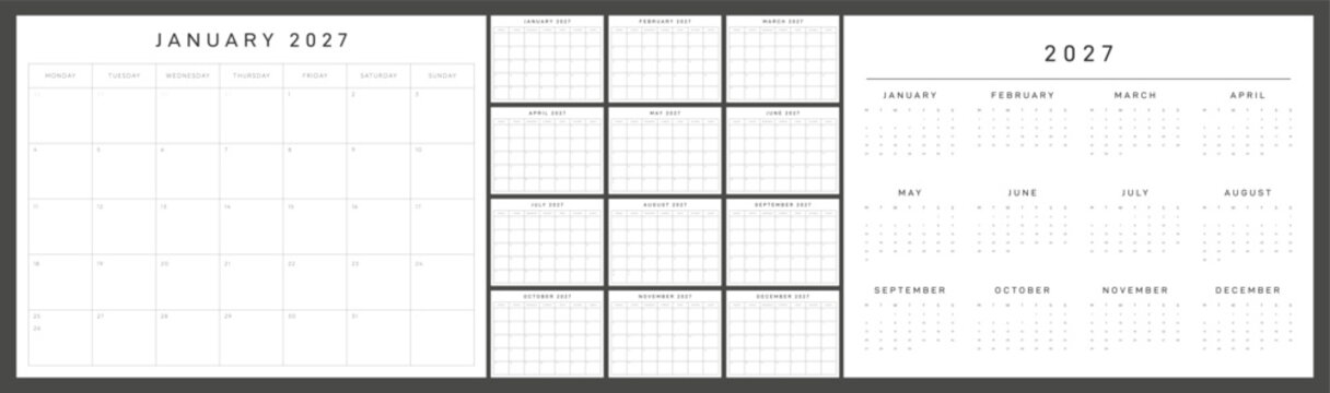 2027 Monthly Calendar Template Set with Monday Start, Clean Gray Grid 2027 Calendar Layout, Minimal Printable Planner Pages and Annual Overview