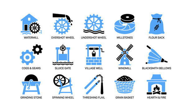 Mill and waterwheel icons showing traditional milling tools