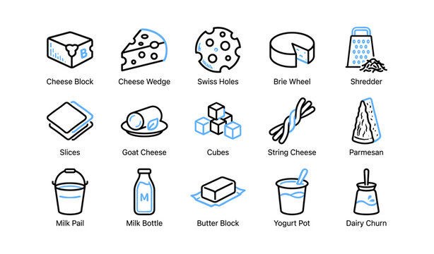 Set of dairy product icons including cheese and milk items