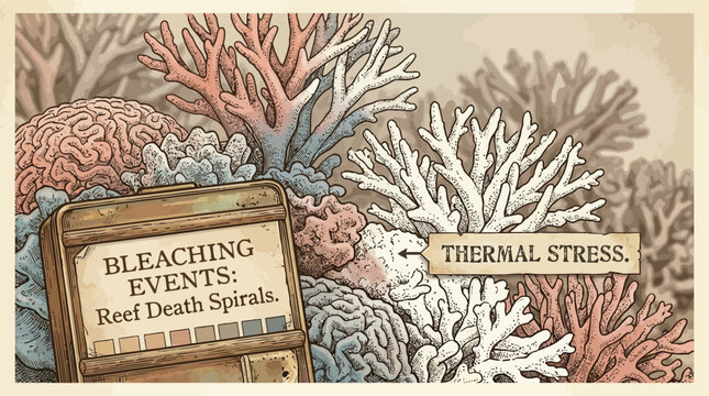 Coral reef bleaching events depicted by thermal stress causing death spirals.