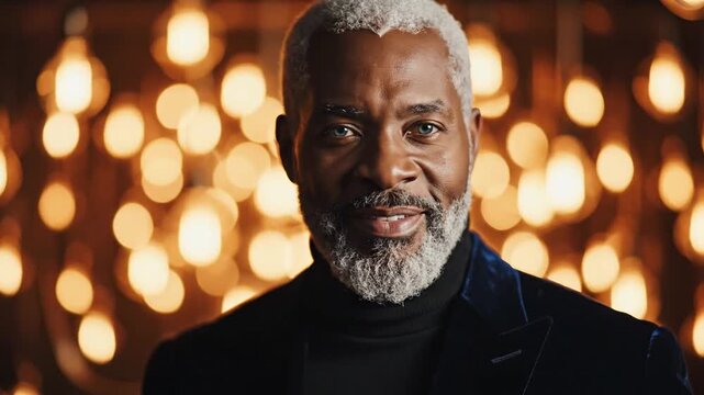 Handsome mature Black man with silver hair and striking blue eyes wearing a blue velvet blazer in a warm bokeh light setting