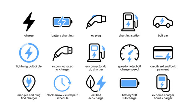 Electric vehicle charging icons arranged in grid on white background