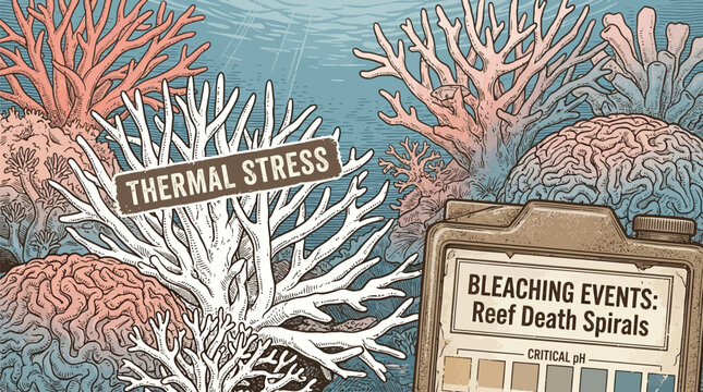Coral reef bleaching events depicted by thermal stress causing death spirals.
